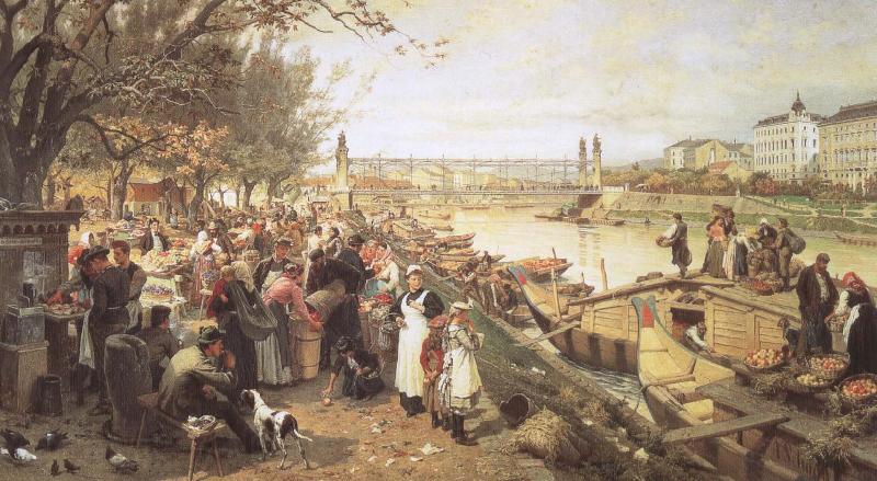 robert schumann viennese street csene during the of brahms  the fruit market on the quayside near the maria theresa bridge Norge oil painting art